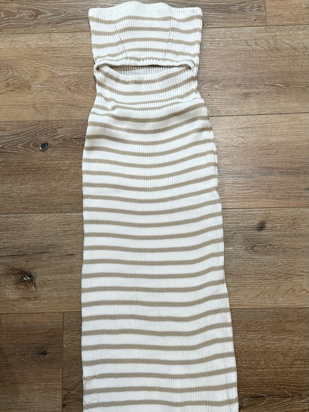Sleeveless Strapless Ribbed Knit Maxi Dress - Cream & Tan